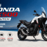 2026 Honda NX500 E-Clutch एडवेंचर बाइक का फ्रंट साइड व्यू पहाड़ी रोड बैकग्राउंड के साथ