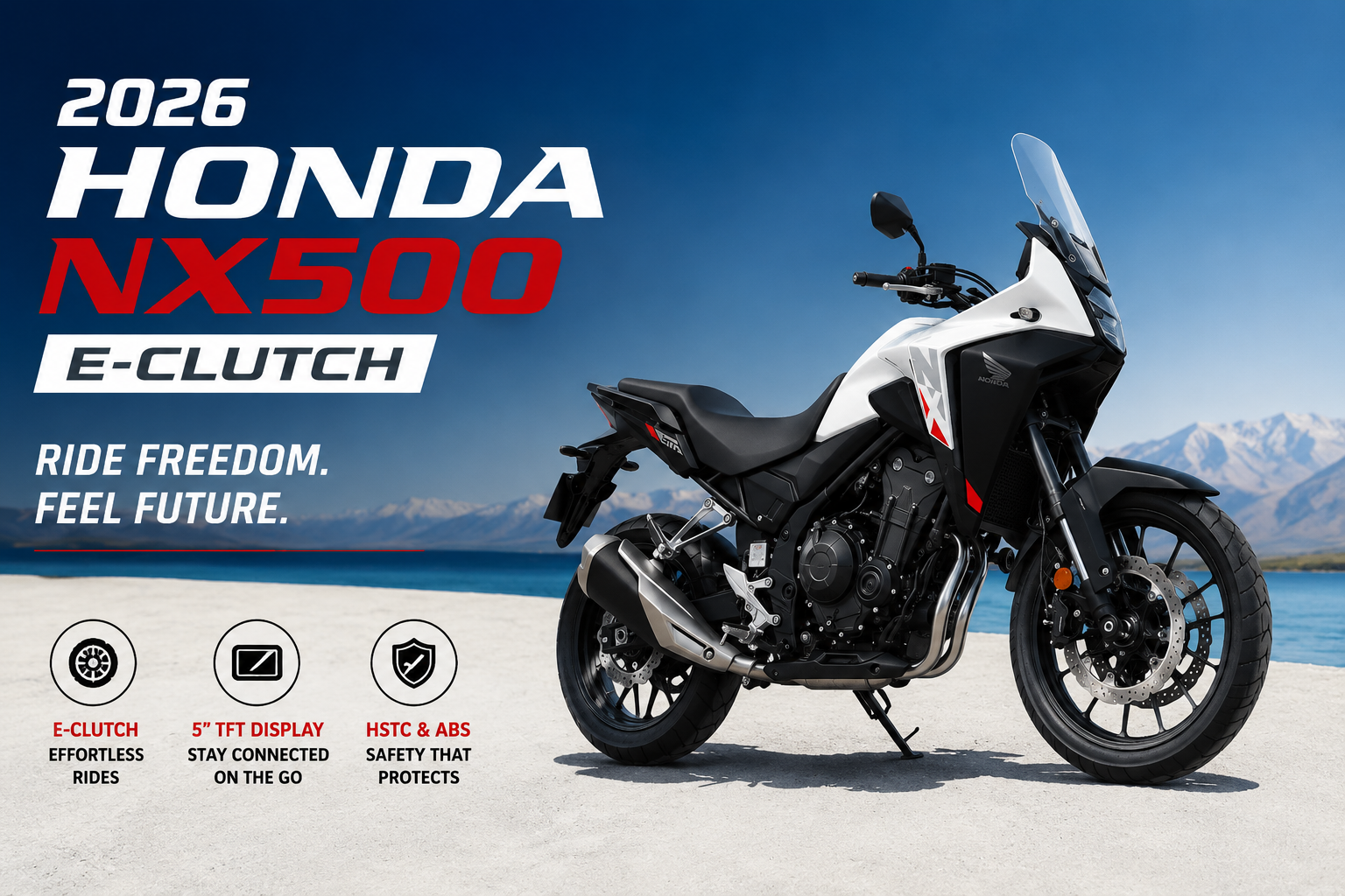 2026 Honda NX500 E-Clutch एडवेंचर बाइक का फ्रंट साइड व्यू पहाड़ी रोड बैकग्राउंड के साथ