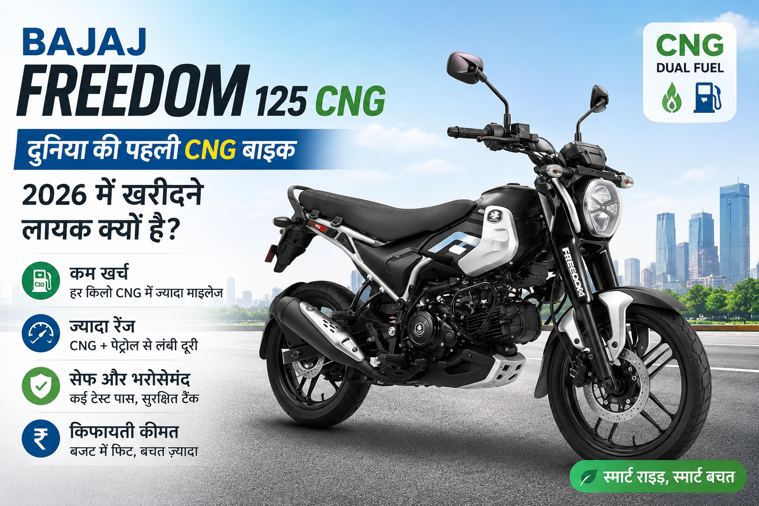Bajaj Freedom 125 CNG 2026 promotional image showing India’s first CNG motorcycle with dual fuel technology, high mileage, long seat comfort and modern city background.