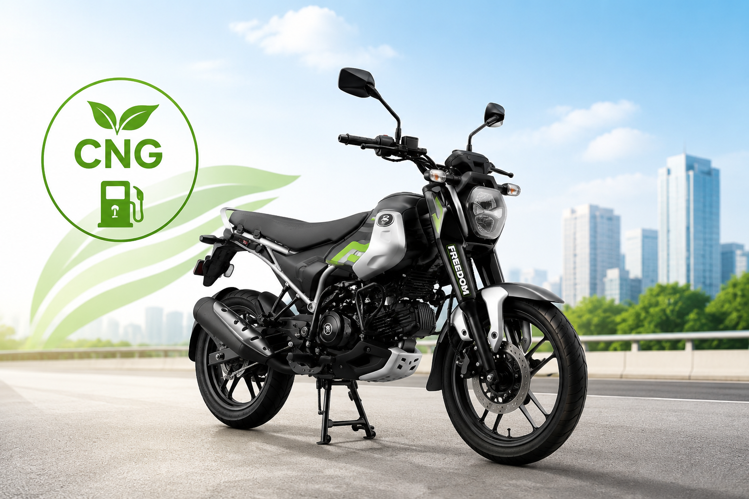 Bajaj Freedom 125 CNG motorcycle with modern city background and green eco theme showcasing India’s first dual fuel CNG bike for daily commuting and high mileage.