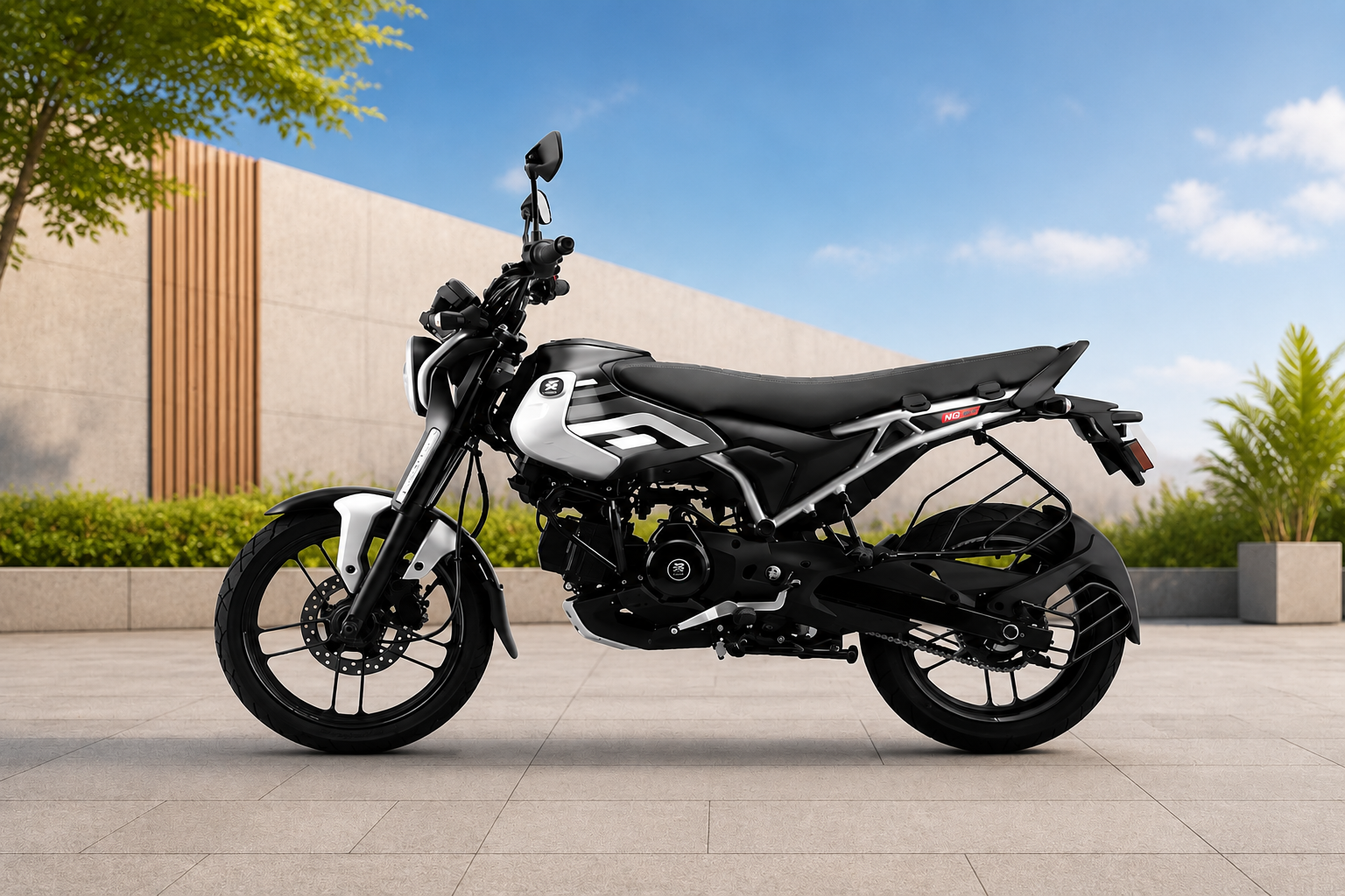 Bajaj Freedom 125 CNG bike in black and silver color parked in a modern outdoor background with premium design and stylish commuter look for 2026.