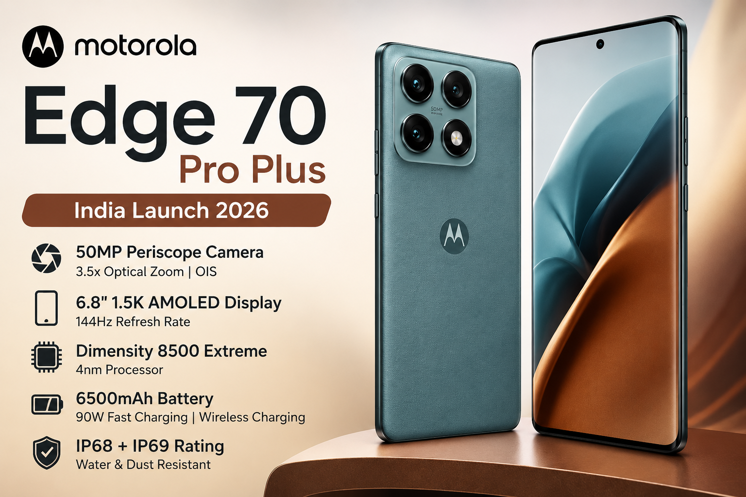 Motorola Edge 70 Pro Plus स्मार्टफोन का प्रमोशनल बैनर जिसमें प्रीमियम ब्लू और वुड फिनिश डिजाइन, 50MP Periscope कैमरा, 144Hz AMOLED डिस्प्ले और 6500mAh बैटरी फीचर्स दिखाए गए हैं।