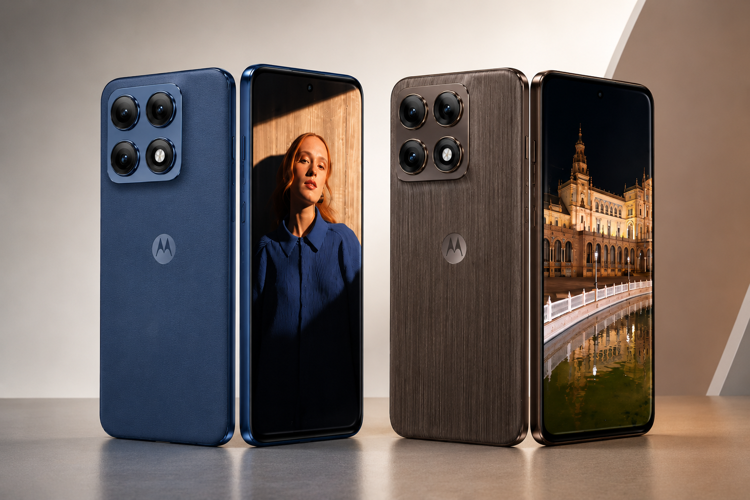 Motorola Edge 70 Pro Plus स्मार्टफोन के ब्लू और वुड फिनिश वेरिएंट्स का प्रीमियम स्टूडियो शॉट, जिसमें शानदार कैमरा डिजाइन और एज-टू-एज डिस्प्ले दिखाई दे रहा है।