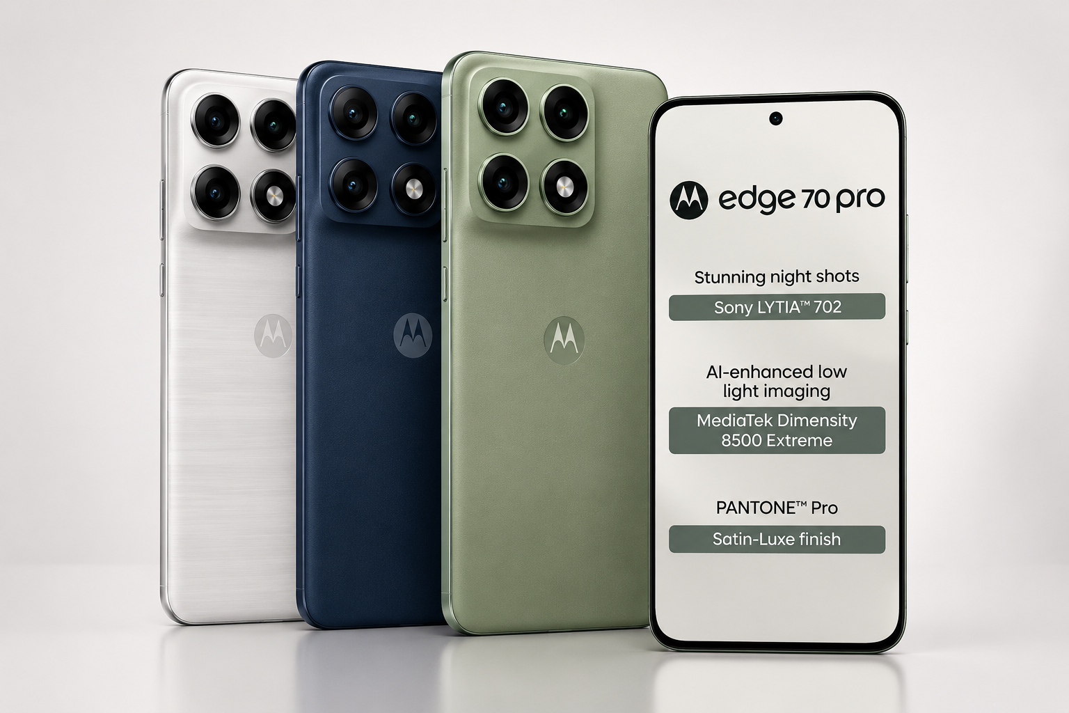 Motorola Edge 70 Pro Plus स्मार्टफोन के तीन प्रीमियम कलर वेरिएंट्स के साथ स्टाइलिश कैमरा डिजाइन और फ्लैगशिप लुक का क्लोज़अप शॉट।