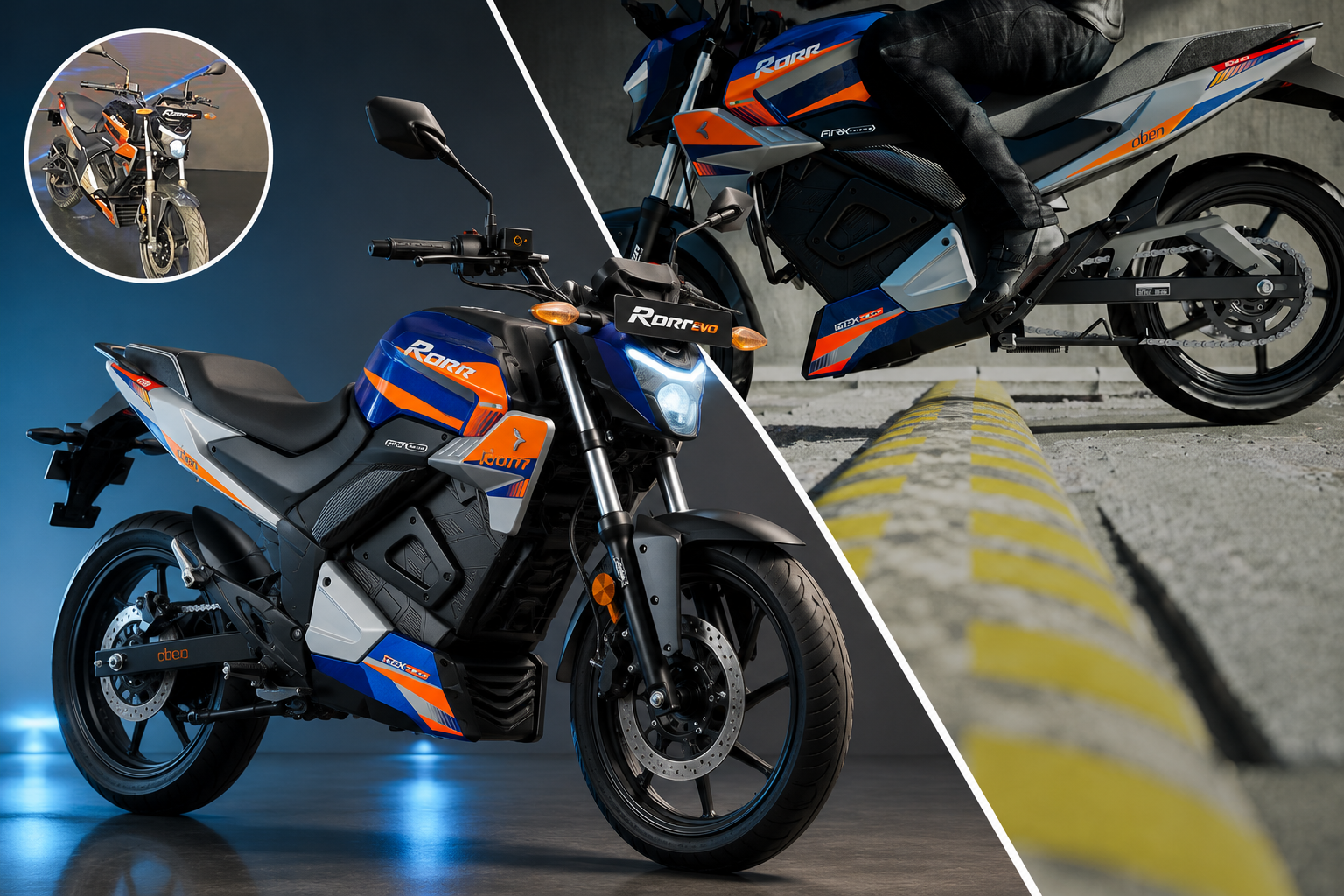 Oben Rorr Evo electric bike collage feature image with sporty design, close-up riding shot and premium blue-orange EV styling