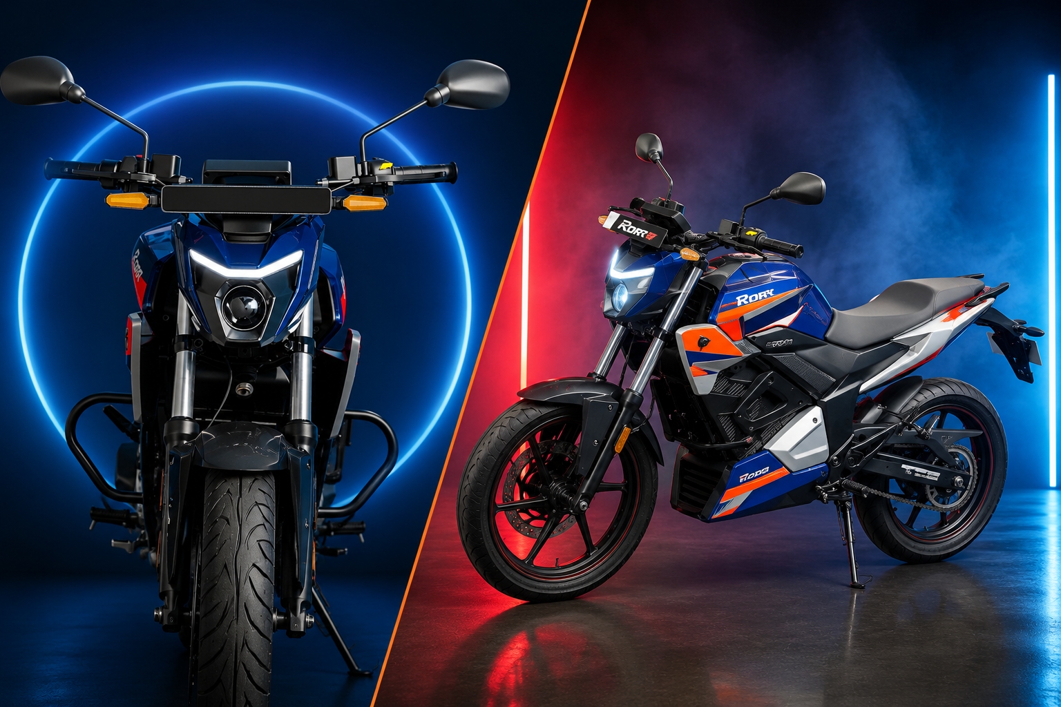Oben Rorr Evo electric bike split-view feature image with futuristic front design, sporty blue-orange body and neon studio background
