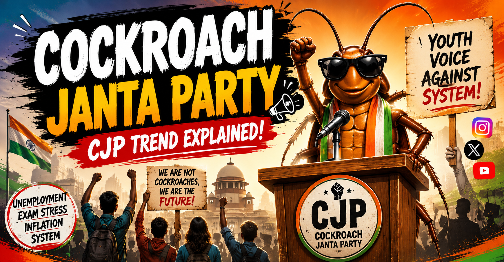 Cockroach Janta Party (CJP) trend featured image showing a cartoon cockroach leader giving speech with youth protest crowd, unemployment and exam stress theme, viral social media movement in India.