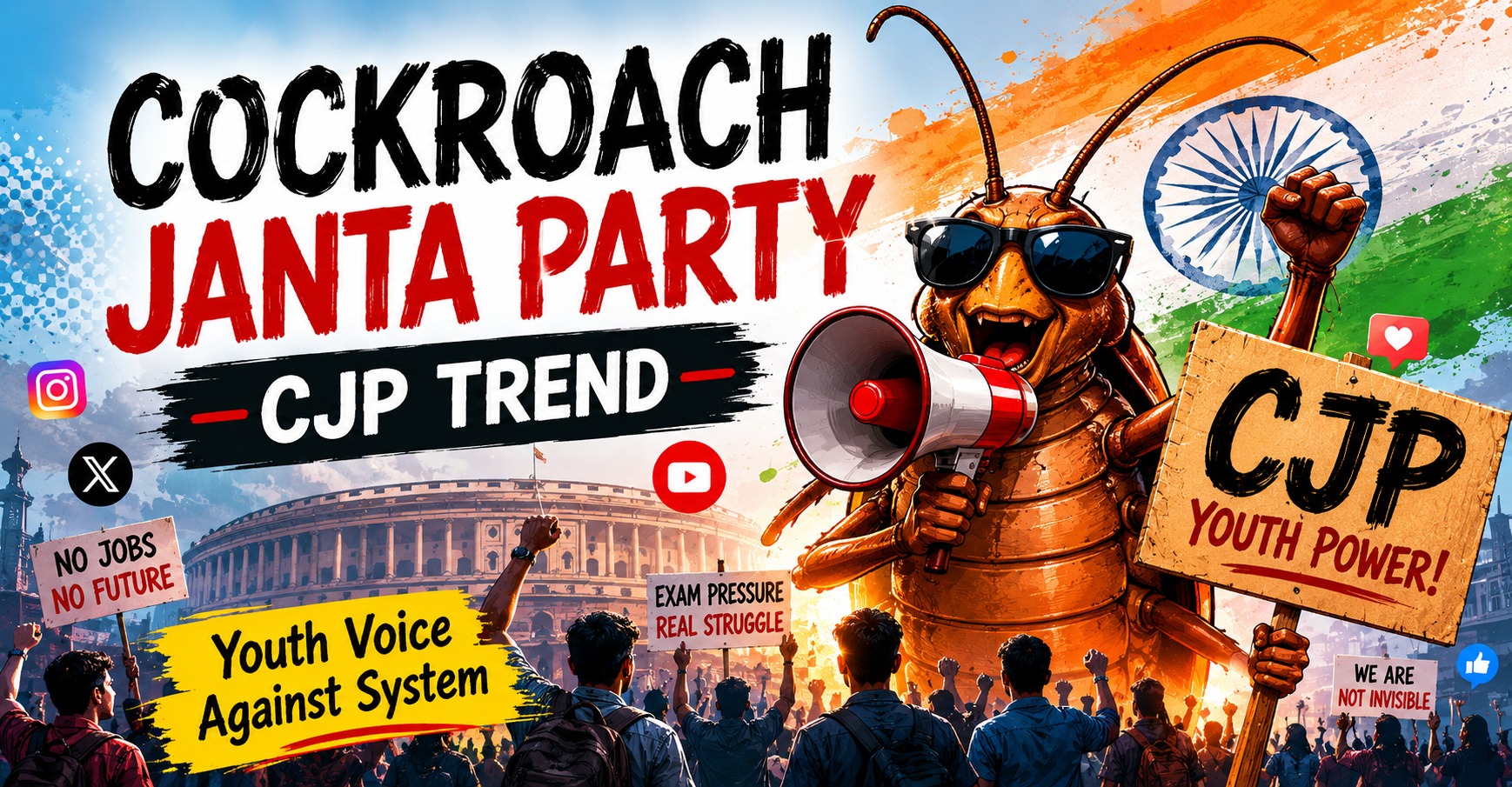Cockroach Janta Party (CJP) trend poster showing a cartoon cockroach holding a megaphone with protesting Indian youth, social media icons, unemployment and exam pressure slogans, symbolizing Gen Z digital movement in India.