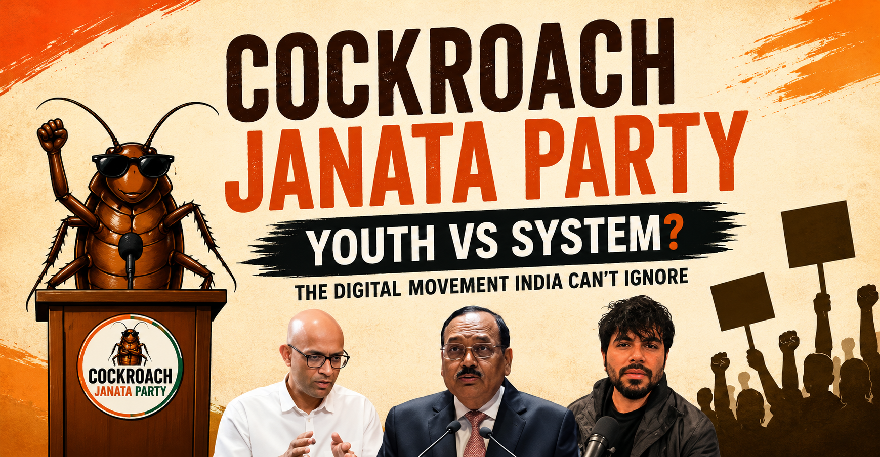 Cockroach Janta Party featured image showing a cartoon cockroach leader at podium with youth protest silhouettes and public figures, representing the viral CJP trend and Gen Z digital movement against the system in India.