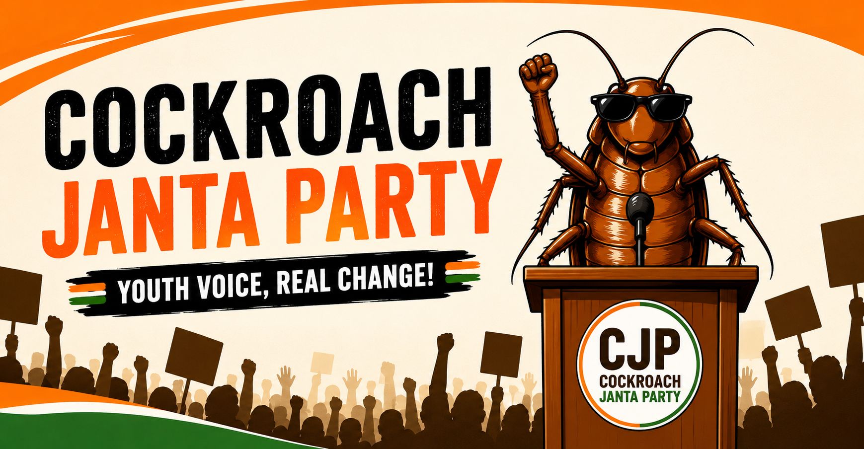 Cockroach Janta Party poster featuring a cartoon cockroach leader raising fist at podium with protest crowd silhouettes, symbolizing youth voice, digital activism and the viral CJP movement in India.