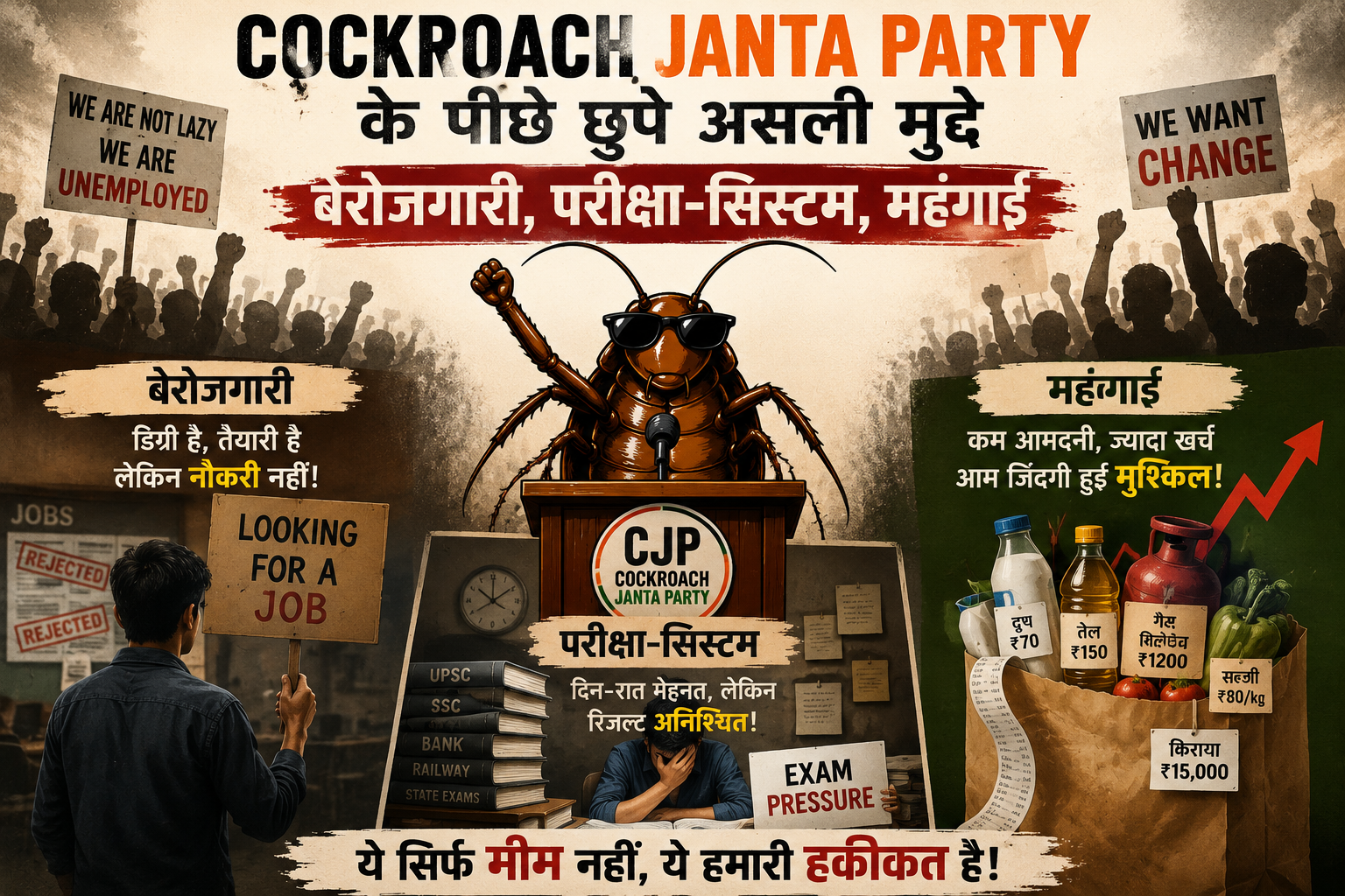 Cockroach Janta Party awareness poster highlighting unemployment, exam pressure and inflation issues in India, featuring youth protest visuals, job crisis, rising expenses and the viral CJP digital movement.