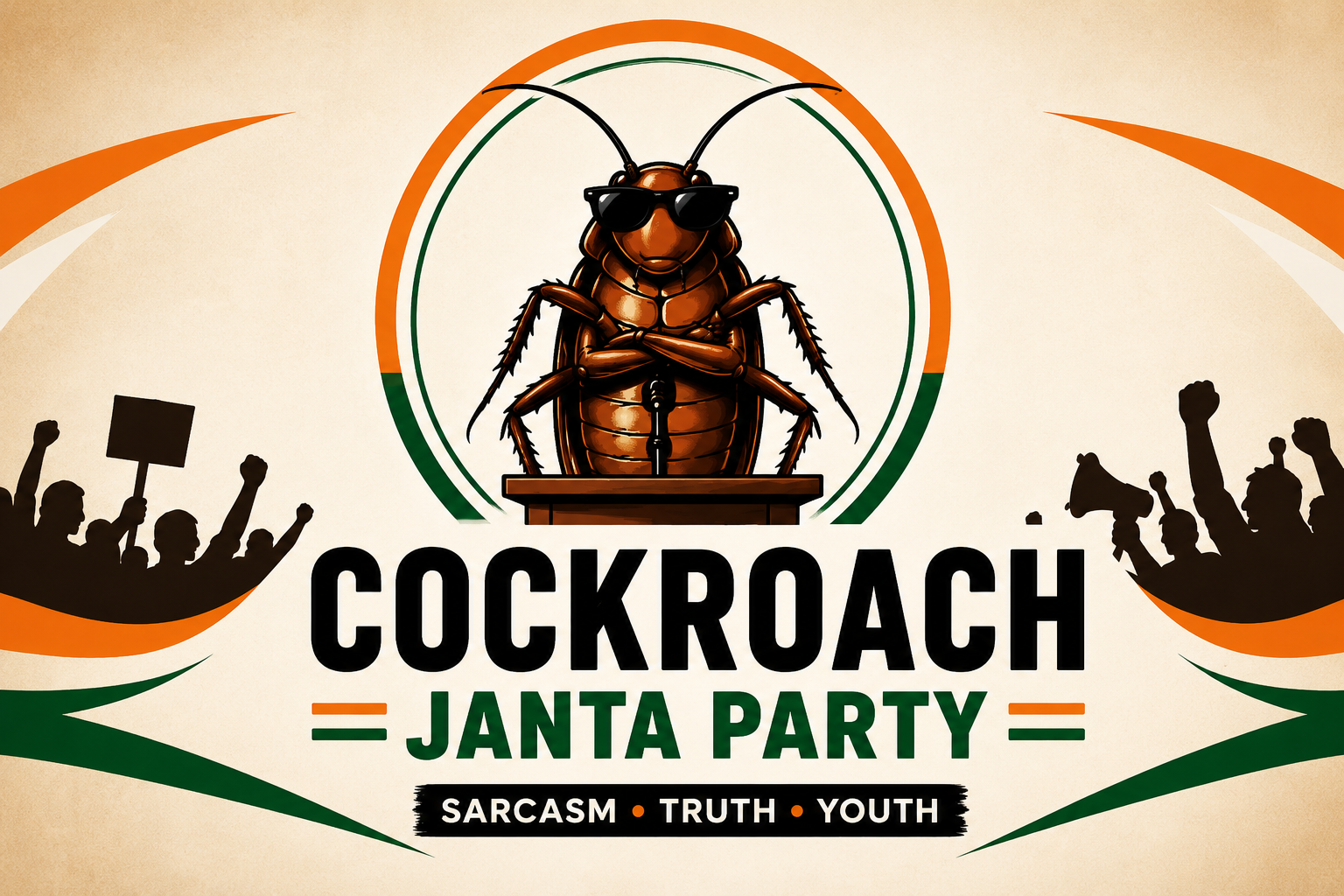 Cockroach Janta Party (CJP) का लोगो और पोस्टर डिज़ाइन, जिसमें चश्मा पहने कॉकरोच पोडियम पर खड़ा है और पीछे विरोध प्रदर्शन की सिल्हूट दिखाई गई है।