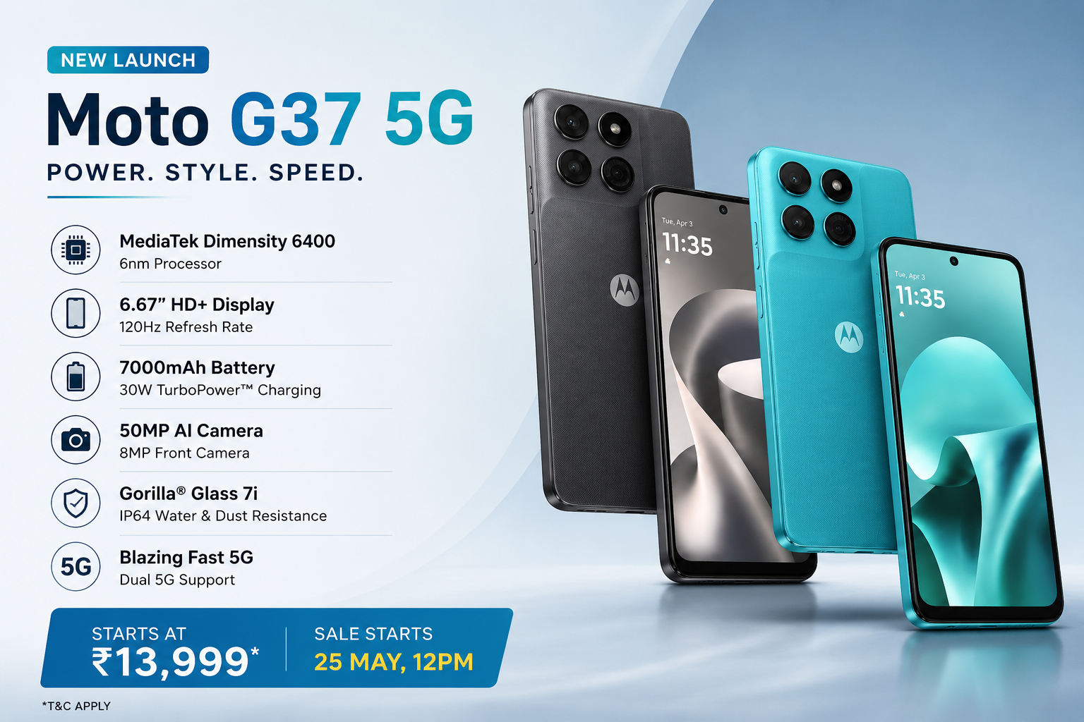 Moto G37 5G स्मार्टफोन की फीचर इमेज जिसमें 7000mAh बैटरी, MediaTek Dimensity 6400 प्रोसेसर, 120Hz डिस्प्ले और 50MP AI कैमरा जैसे स्पेसिफिकेशन दिखाए गए हैं।