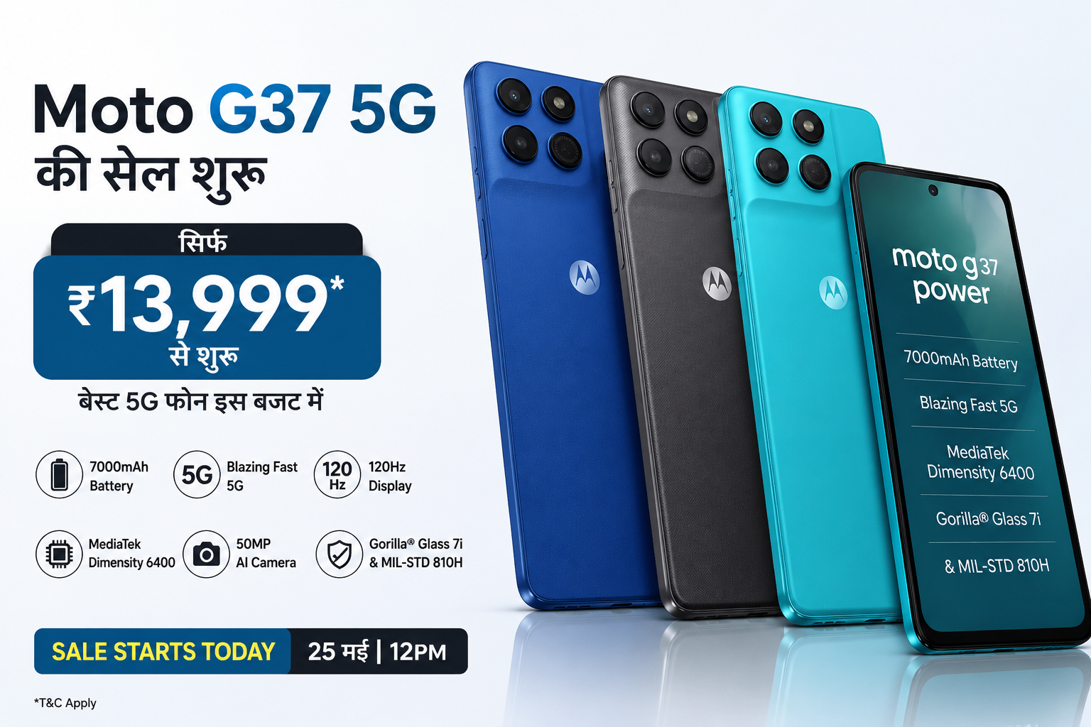 Moto G37 5G और Moto G37 Power स्मार्टफोन की प्रमोशनल इमेज जिसमें 7000mAh बैटरी, 120Hz डिस्प्ले और ₹13,999 की शुरुआती कीमत को हाइलाइट किया गया है।