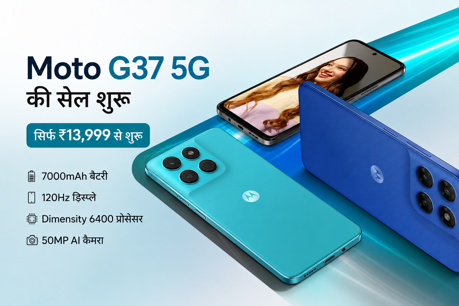 Moto G37 5G स्मार्टफोन की प्रमोशनल इमेज जिसमें ₹13,999 की शुरुआती कीमत, 7000mAh बैटरी, 120Hz डिस्प्ले, Dimensity 6400 प्रोसेसर और 50MP AI कैमरा फीचर्स दिखाए गए हैं।