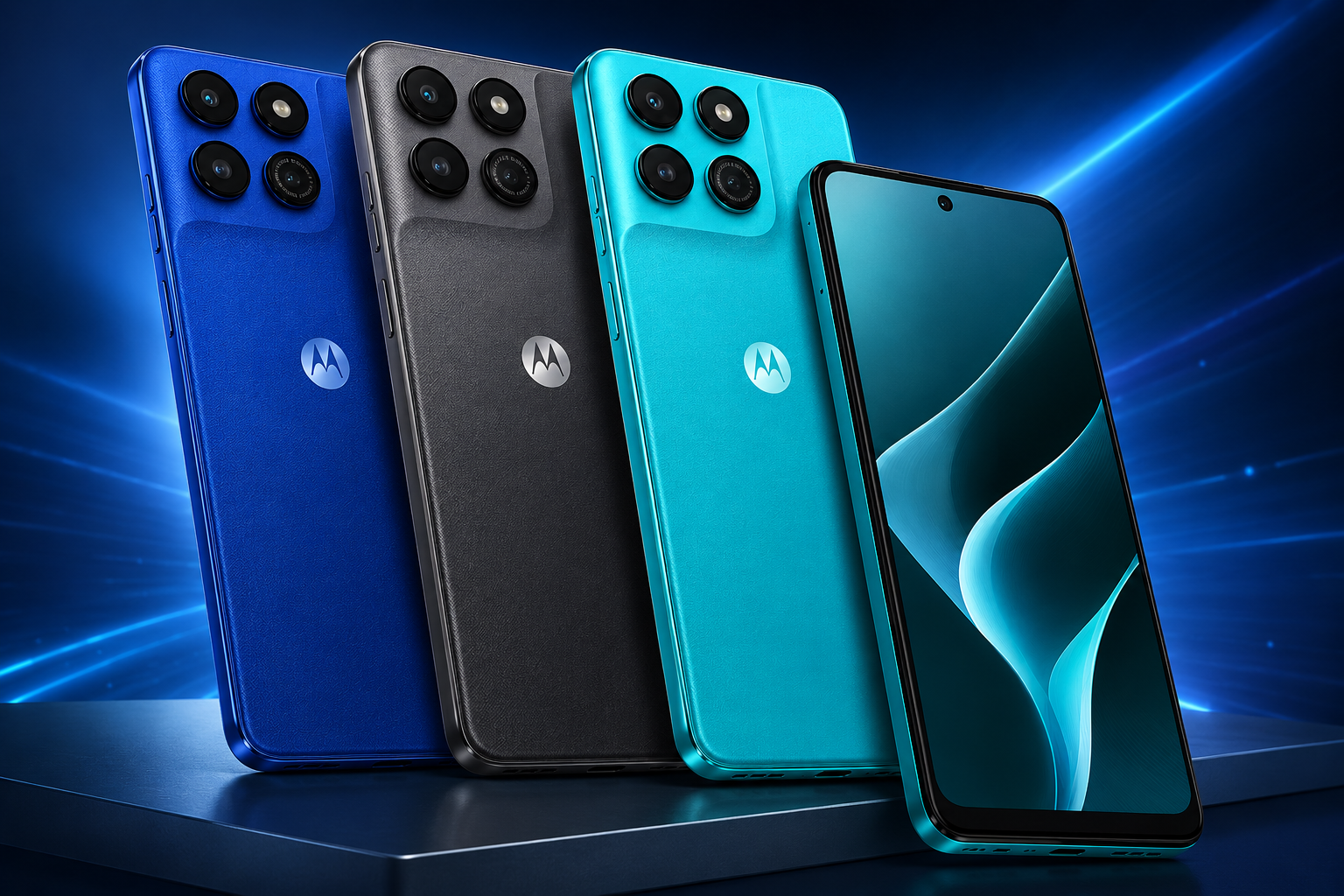 Moto G37 5G smartphone lineup with blue, black and cyan color variants featuring premium camera design and modern display on a futuristic blue background