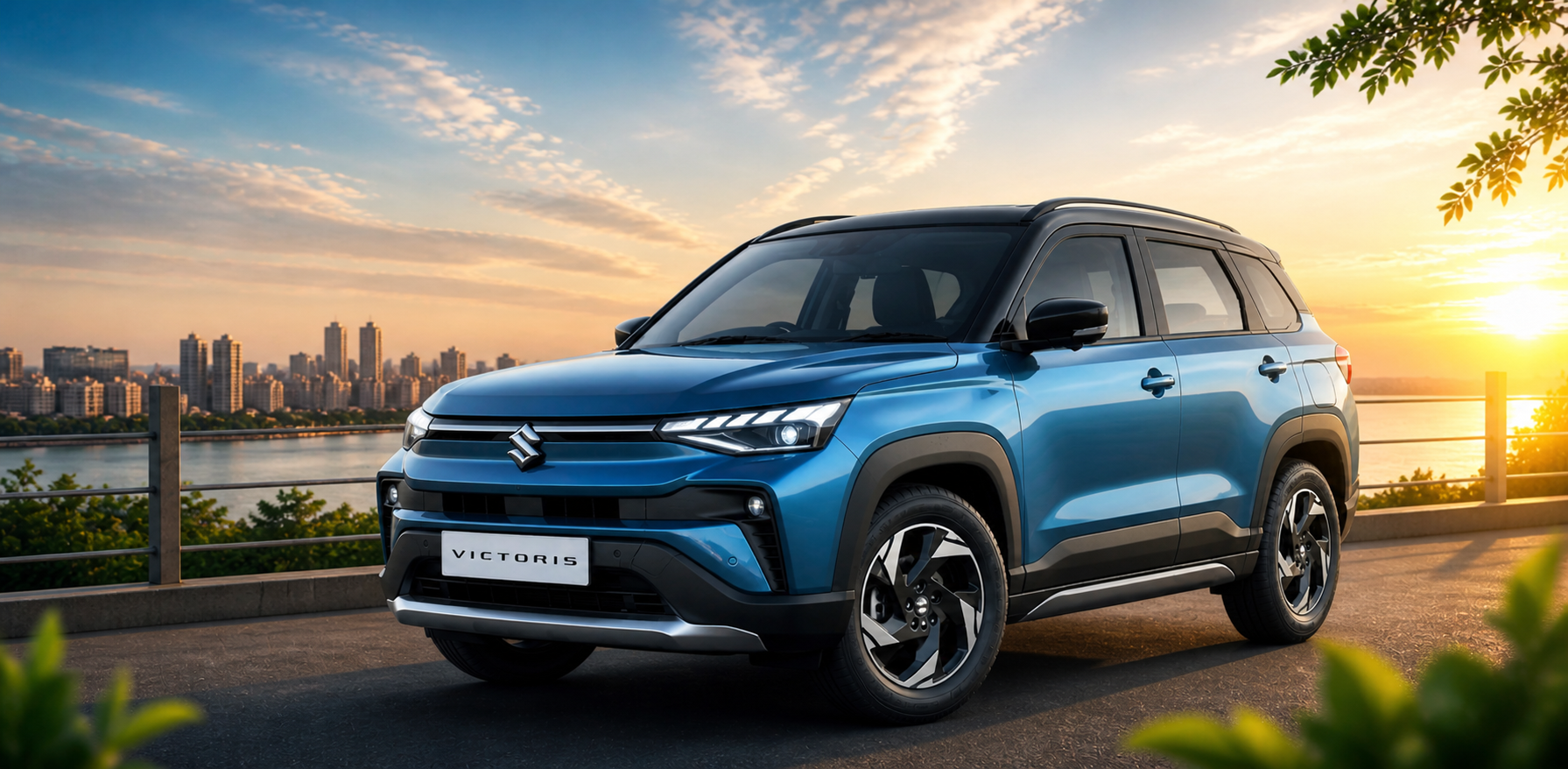 Maruti Victoris SUV 2026 side view near city background sunset