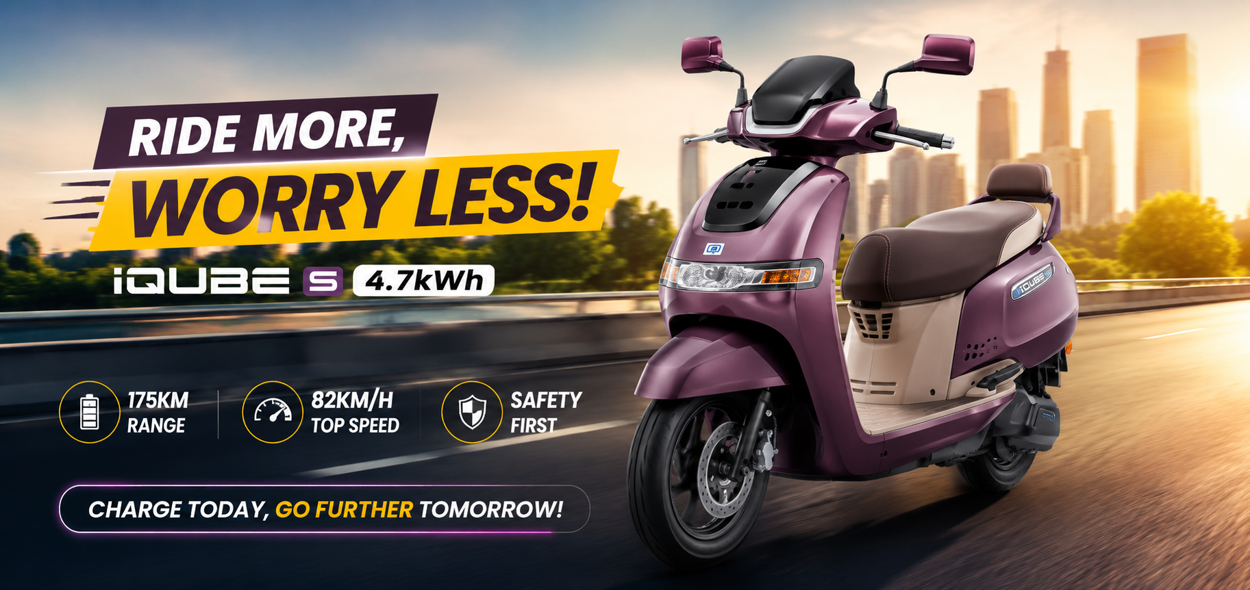 TVS iQube S 4.7kWh electric scooter feature image with 175KM range and premium design