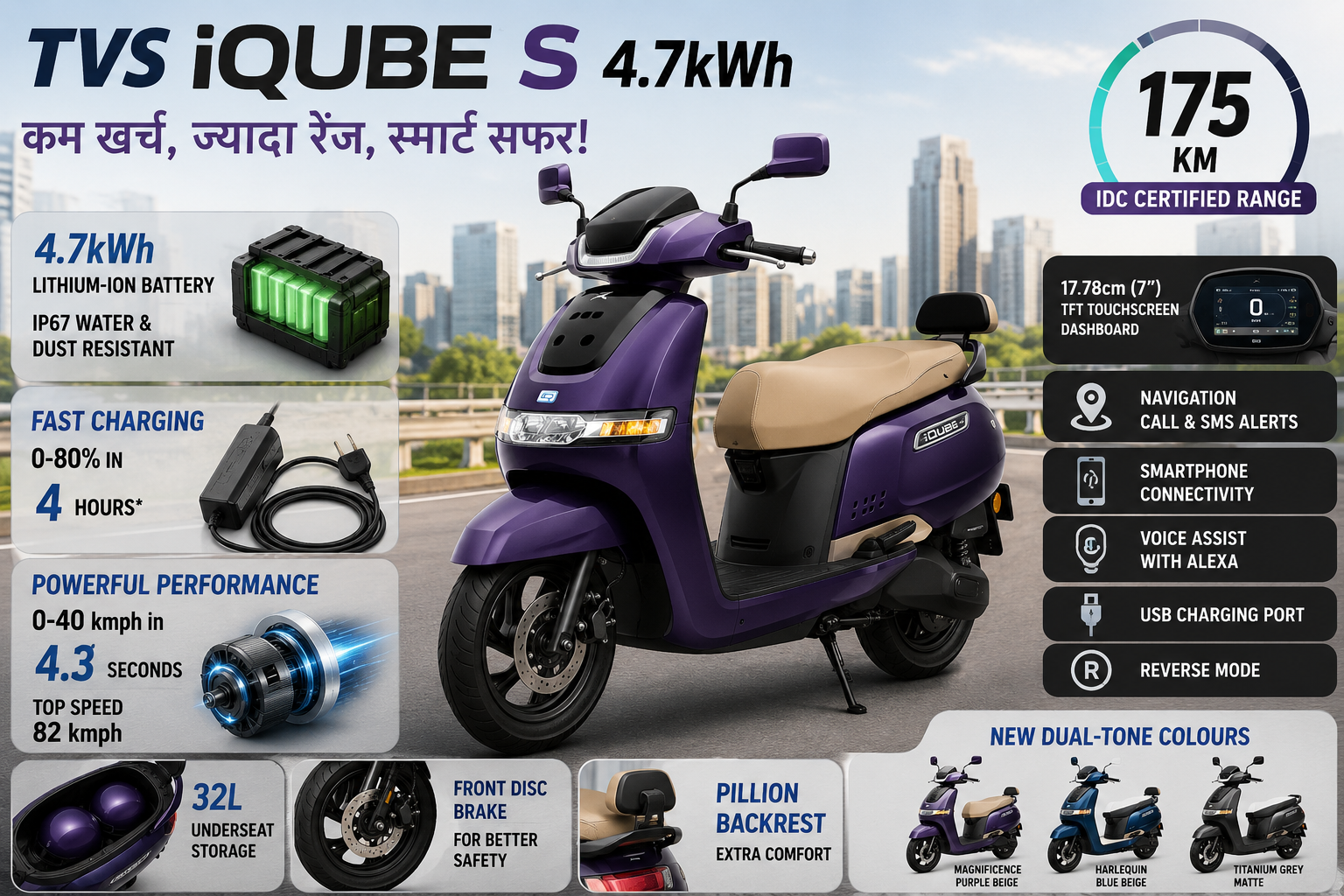 TVS iQube S electric scooter with 4.7kWh battery and 82kmph top speed